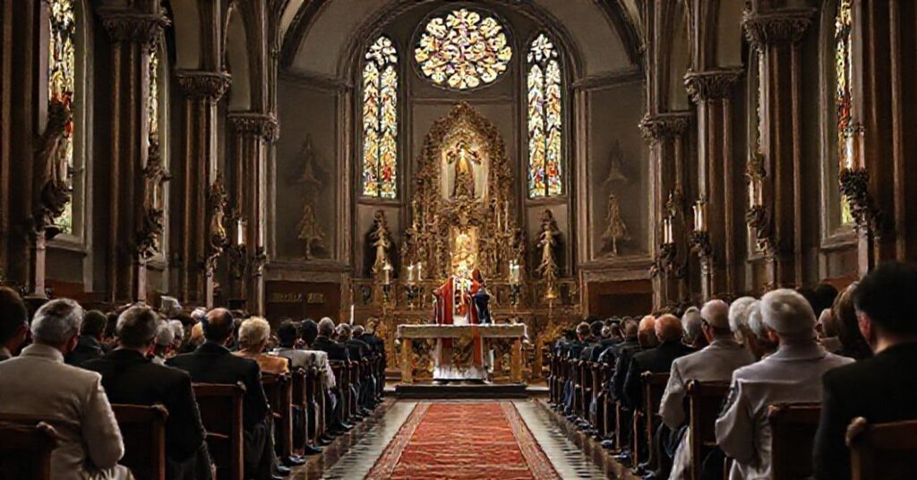 Wnętrze tradycyjnego kościoła w Krzeszowicach podczas procesji eucharystycznej z "abp" Marek Jędraszewski na tle modernistycznego spektaklu.