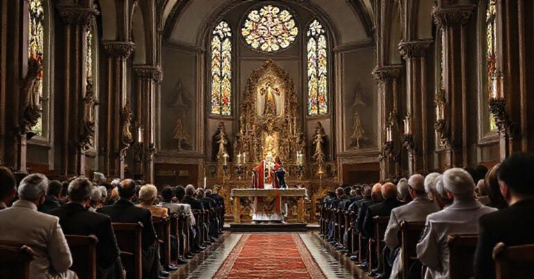 Wnętrze tradycyjnego kościoła w Krzeszowicach podczas procesji eucharystycznej z "abp" Marek Jędraszewski na tle modernistycznego spektaklu.