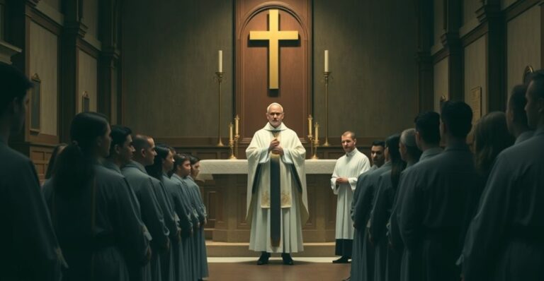 Wnętrze kaplicy seminarium w Ełku podczas modernistycznych rytuałów, symbolizujące odrzucenie katolickiej tradycji