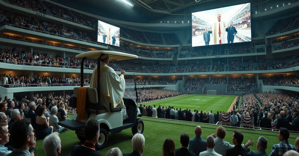 Realistyczny widok Mszy w monakijskim stadionie Louis II z 'papieżem' Leonem XIV wygłaszającym homilię z golf-carta otoczony przez tysiące modernistów. Scena podkreśla profanację Eucharystii w świeckim miejscu sportowym.