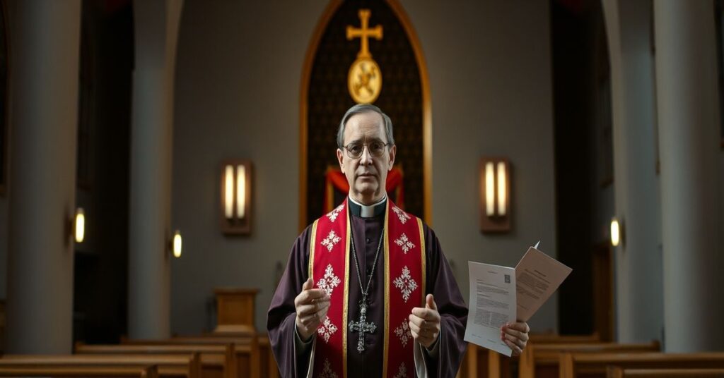 Biskup Heiner Wilmer podczas nominacji na biskupa Münster przez fałszywego papieża Franciszka (Bergoglio), otoczony symbolami modernizmu i herezji.