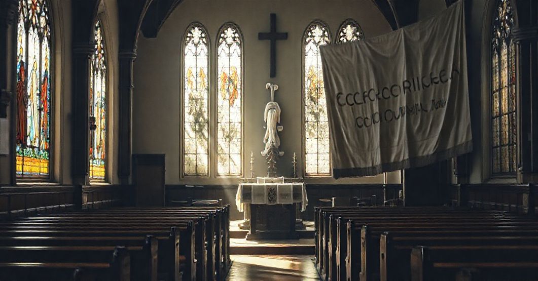 Pusty kościół katolicki z opuszczonym ołtarzem i symbolami apostazji