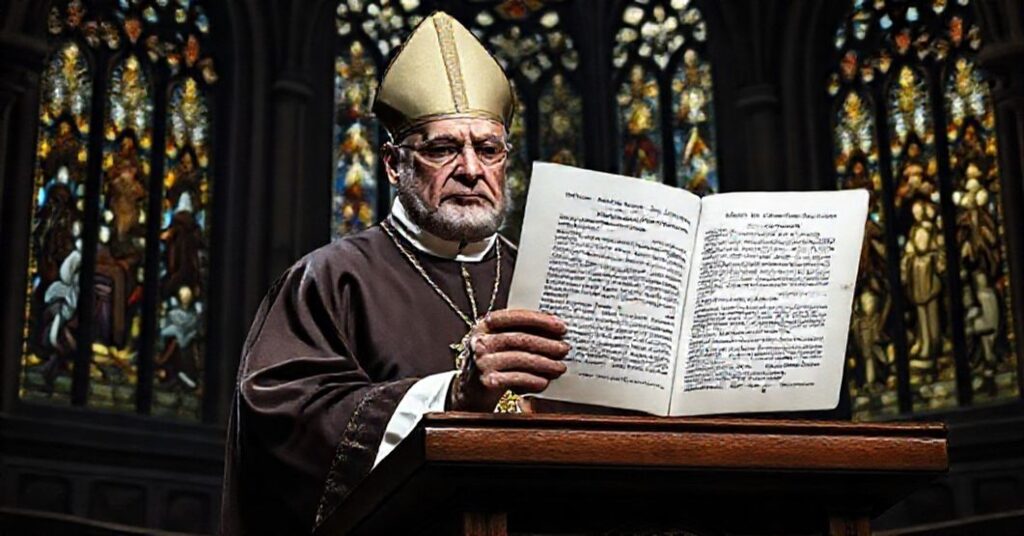 Biskup w tradycyjnych szatach liturgicznych trzyma dokument z pieczęcią neo-Kościoła, stojąc przed ołtarzem w słabo oświetlonym kościele.