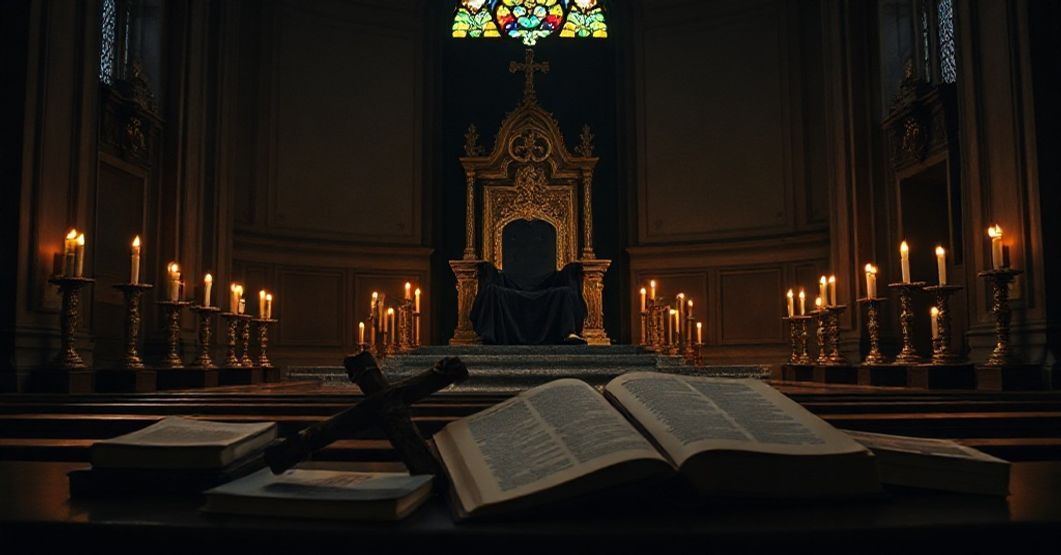 Wewnątrz katolickiej kaplicy z pustym tronem biskupa i symbolami apostazji