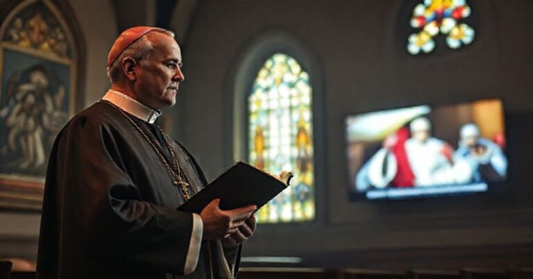 Kapelan katolicki w tradycyjnych szatach liturgicznych patrzy z troską na transmisję medialną o konflikcie USA-Wenezuela i fałszywym papieżu apelującym o dialog.