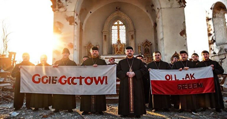 Grupa tradycyjnych katolików przed zniszczonym kościołem na Kresach Wschodnich podczas VIII edycji akcji 'Polak z Sercem'