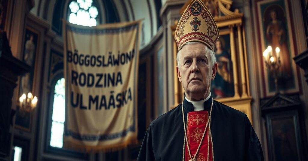Katolicki biskup w tradycyjnym stroju episkopalnym w ciemnej kościelnej przestrzeni, z troską na twarzy, z tłem modernistycznego baneru "Błogosławiona Rodzina Ulmańska"