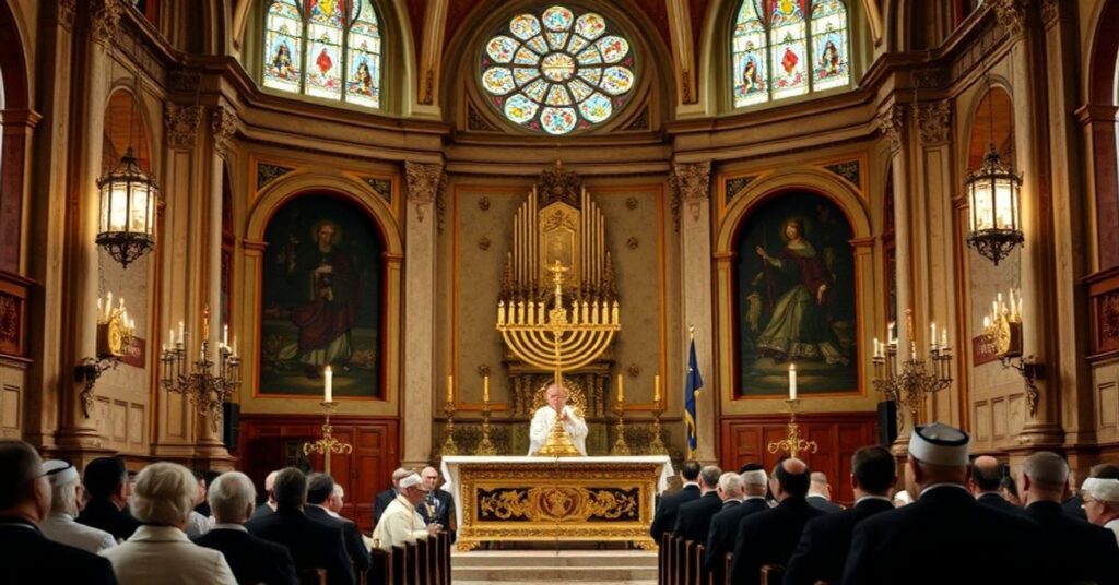 Wnętrze kościoła z tradycyjnym ołtarzem podczas kontrowersyjnych obchodów Dnia Judaizmu z udziałem "abp" Stanisława Gądeckiego i przedstawicieli gminy żydowskiej.