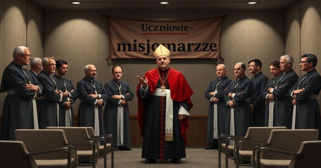 Grupa kleryków w nowoczesnym stroju w konferencyjnym pokoju bez religijnych symboli