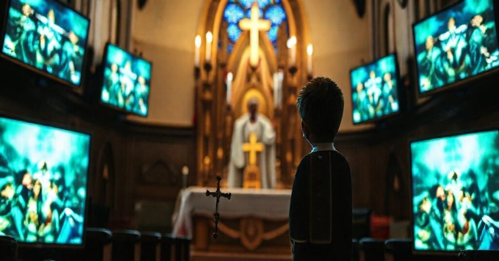 Wnętrze tradycyjnego kościoła katolickiego z młodym chłopcem w nowoczesnym stroju religijnym, otoczonym cyfrowymi ekranami wyświetlającymi rzekome cuda, podczas gdy jego wzrok jest skierowany na ekrany zamiast na tabernakulum. Na tle widoczny jest rozmyty postaci 'biskupa' w modernistycznych ornatach, gestykulujący w kierunku ekranów.