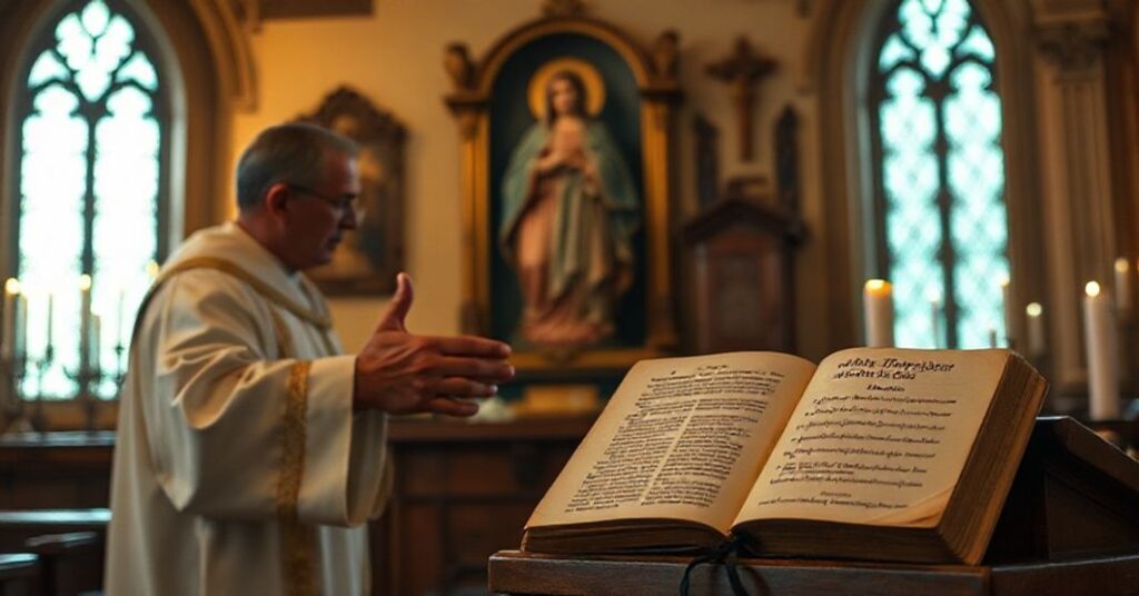 Kaplica z tradycyjnymi katolickimi symbolami; w tle uszkodzony eksemplarz "Denzingera" i kontrowersyjna mowa "Leona XIV" o "wielkim darze chrztu"