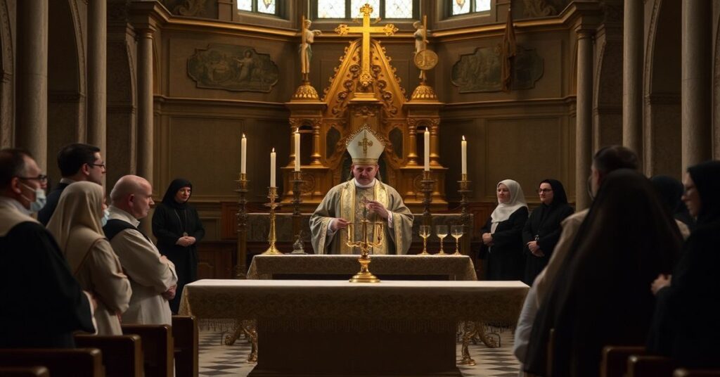 Sandomierska katedra podczas modernistycznej mszy krzyżma z biskupem Nitkiewiczem