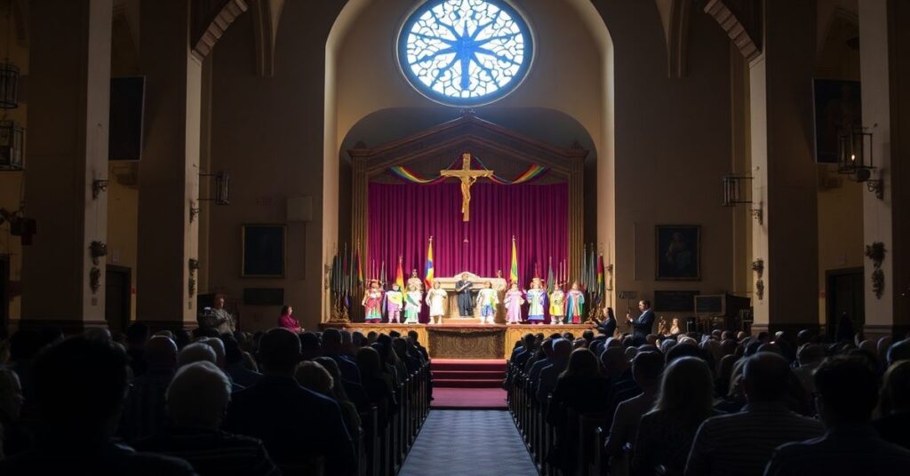 Wnętrze kościoła w Santa Fe, gdzie organizowany jest drag show w czasie Wielkiego Tygodnia.