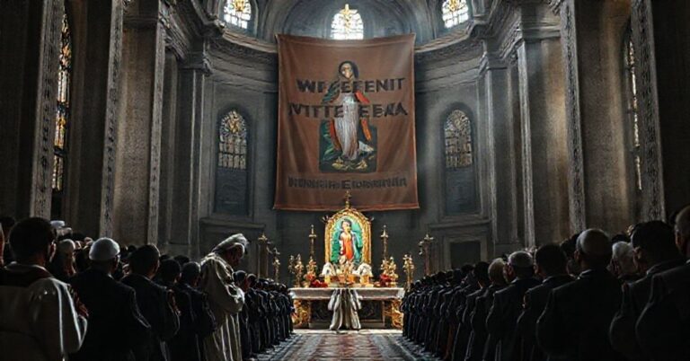 Wielka bazylika św. Piotra podczas bluznierczej ceremonii z udziałem antypapieża Leona XIV przed obrazem Matki Bożej z Guadalupe.
