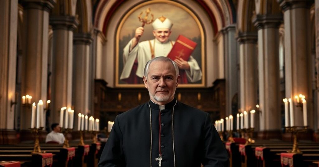 Sobór katolicki z tradycyjnym ołtarzem i świecami wotnymi, przedstawiający smutną minę "kardynała" Kurta Kocha jako nowego "prezydenta" fundacji Pomoc Kościołowi w Potrzebie (ACN), wprowadzanego przez antypapieża Roberta Prevosta.