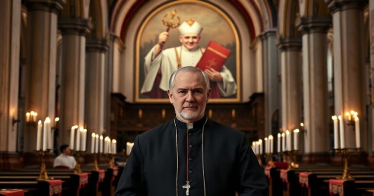 Sobór katolicki z tradycyjnym ołtarzem i świecami wotnymi, przedstawiający smutną minę "kardynała" Kurta Kocha jako nowego "prezydenta" fundacji Pomoc Kościołowi w Potrzebie (ACN), wprowadzanego przez antypapieża Roberta Prevosta.