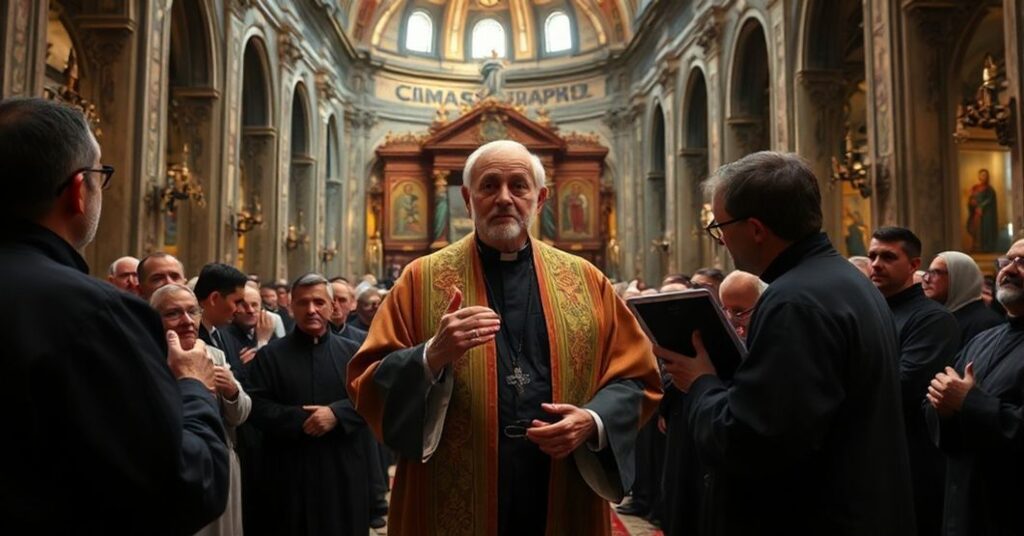 Wnętrze katedry w Stambule z młodym mężczyzną (Andrea Tornielli) nagrywającym staruszka w modernistycznych ornatach na ołtarzu otoczonym zaniepokojonymi duchownymi.