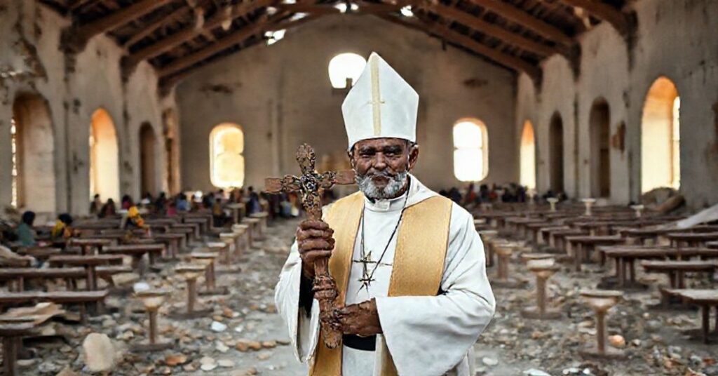 Wyczerpany katolicki ksiądz stoi w ruinach kościoła w Sudanie, trzymając złamany krzyż. Tło przedstawia uciekinierów szukających schronienia podczas wojny domowej.