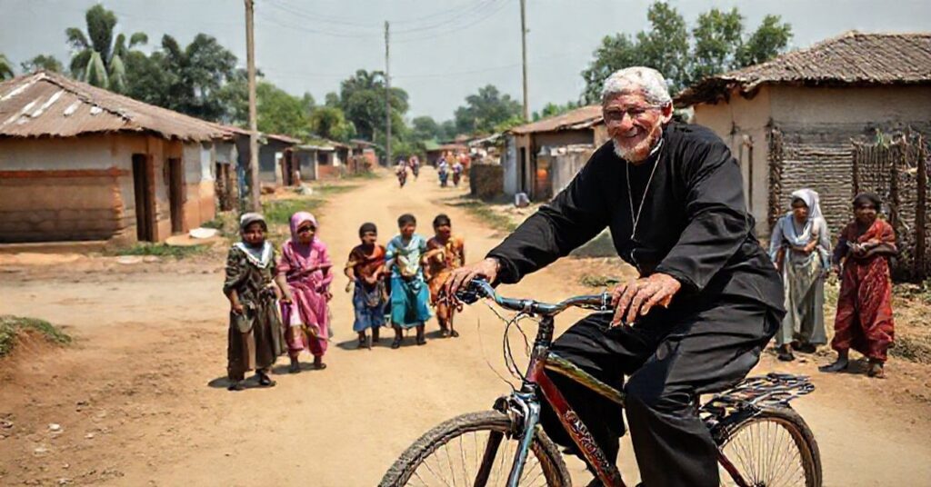 Widok misjonarza Roberta Terence'a McCahilla w Bangladeszu - staruszek kapłan w czarnej sutannie jeździ rowerem przez wioskę muzułmańską, dbając o niepełnosprawnych dzieci. Scena podkreśla brak prawdziwej ewangelizacji i apostazję posoborowego humanitaryzmu.