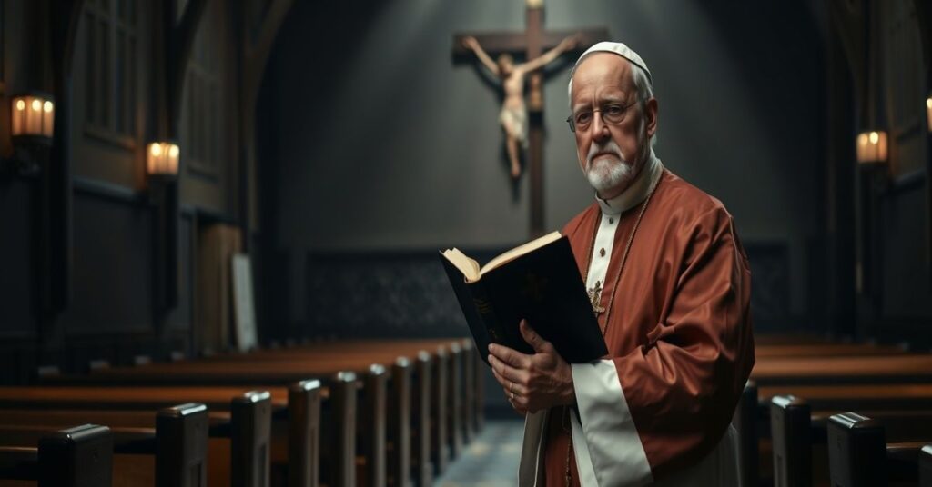 Biskup w tradycyjnym stroju kościelnym w opuszczonej świątyni symbolizuje apostazję Kościoła po Soborze Watykańskim II