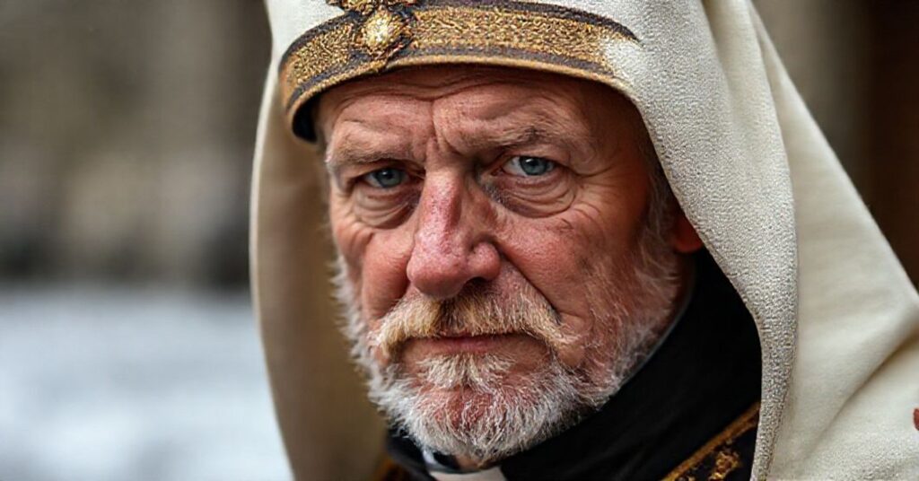 Portret "ks." Anthony Warda przed zrujnowanym ołtarzem w symbolem herezji i schizmy posoborowej.