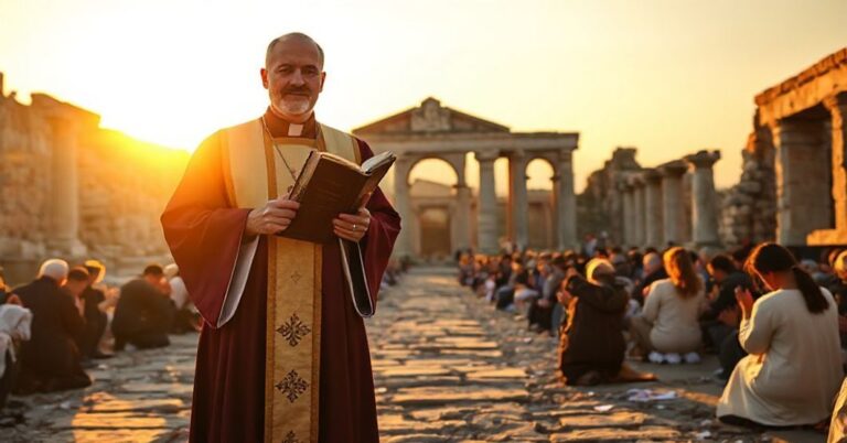 Ksiądz w tradycyjnych szatach liturgicznych stojący w ruinach starego kościoła w Turcji, otoczony wiernymi modlącymi się na kolanach. Scena jest oświetlona złotym światłem zachodu słońca, symbolizującym zanikającą wiarę. Ksiądz trzyma zużyty egzemplarz Katechizmu, kontrastujący z symbolami modernistycznymi w tle, reprezentującymi duchowy upadek opisany w artykule.