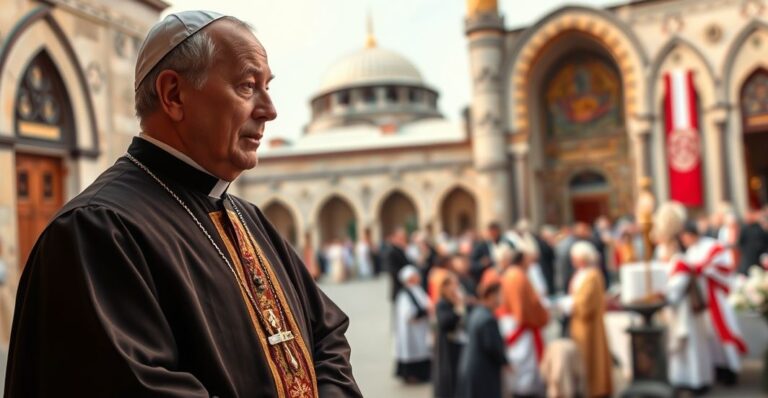 Katolicki ksiądz w tradycyjnych szatach patrzy z powagą na modernistyczne zgromadzenie ekumeniczne, symbolizujące erozję nauki katolickiej w Turcji.