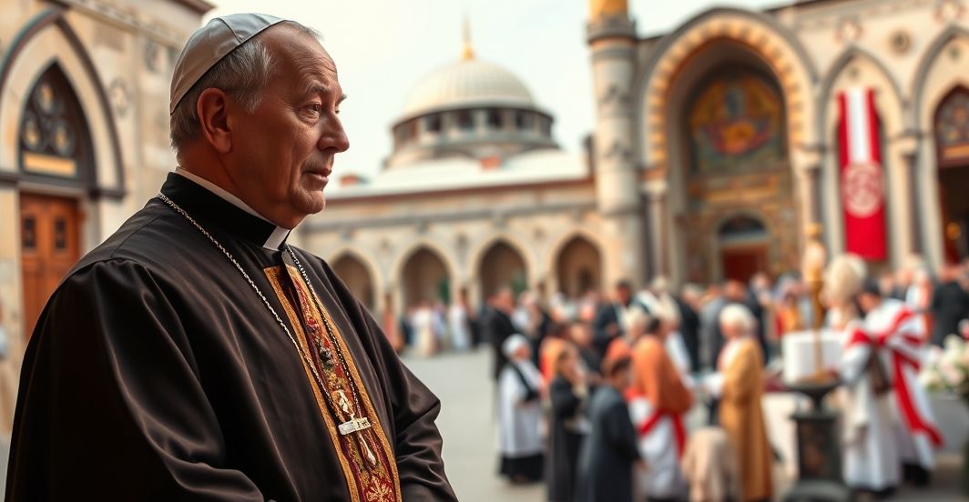 Katolicki ksiądz w tradycyjnych szatach patrzy z powagą na modernistyczne zgromadzenie ekumeniczne, symbolizujące erozję nauki katolickiej w Turcji.