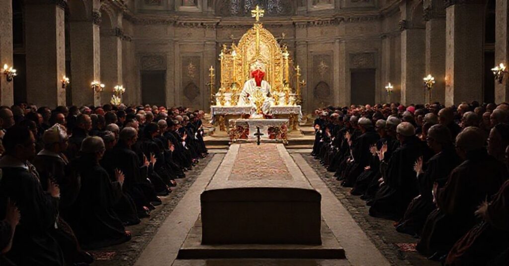 Uroczystość przy grobie rzekomego świętego Jana Pawła II w Watykanie, z fałszywym abp. Wacławem Depo prowadzącym fałszywą Mszę Świętą za antypapieża Leona XIV.