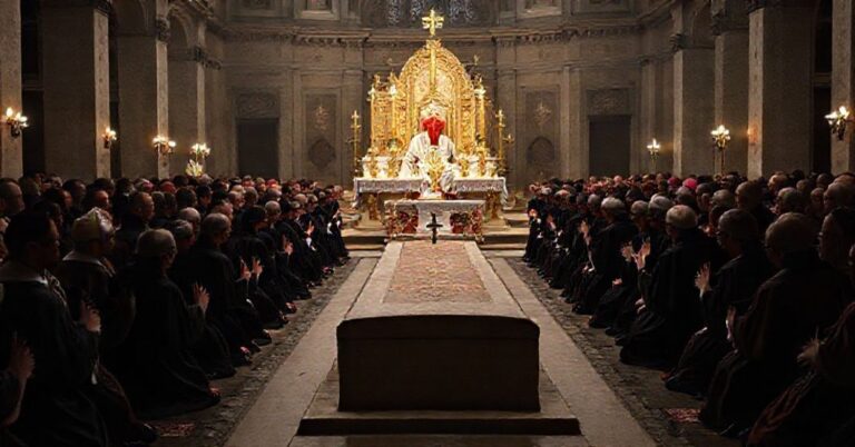 Uroczystość przy grobie rzekomego świętego Jana Pawła II w Watykanie, z fałszywym abp. Wacławem Depo prowadzącym fałszywą Mszę Świętą za antypapieża Leona XIV.