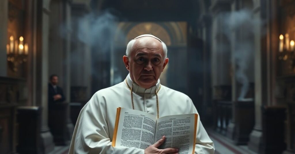 Ksiądz w tradycyjnym stroju kapłańskim stoi przed zamkniętymi drzwiami katedry, wyrażając zasmucenie przy widoku modernistycznej celebracji w odległości.