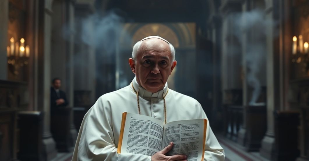 Ksiądz w tradycyjnym stroju kapłańskim stoi przed zamkniętymi drzwiami katedry, wyrażając zasmucenie przy widoku modernistycznej celebracji w odległości.