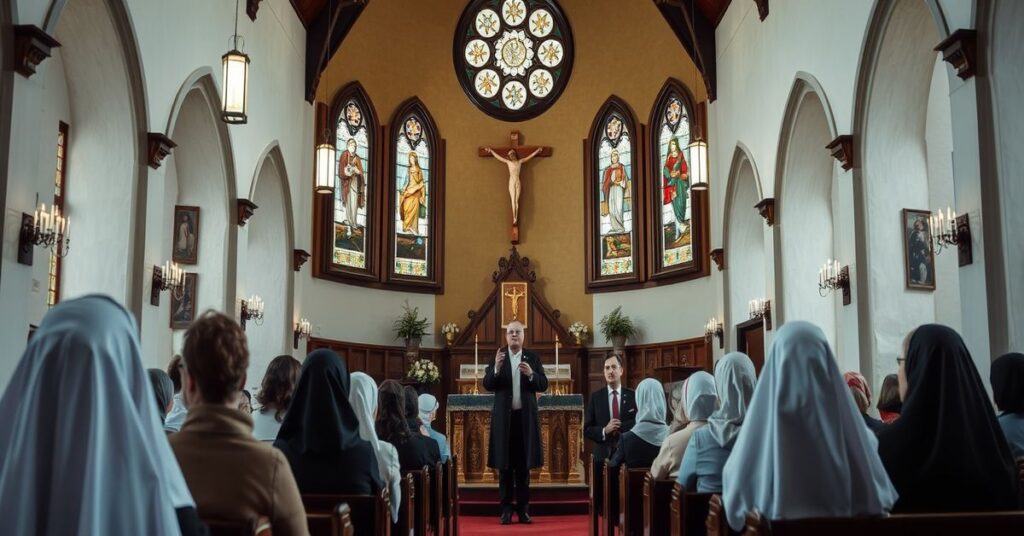 Wnętrze kościoła w Zielonej Górze z grupą kobiet słuchających kazania o miłości małżeńskiej. Przedstawia apostazję neo-katolicyzmu.