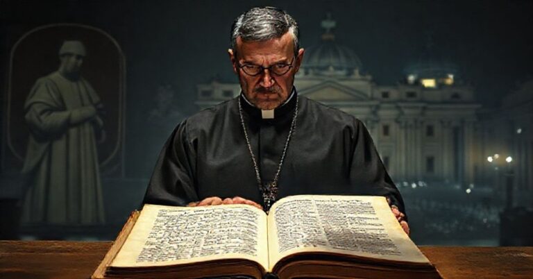 Ksiądz w sutannie stoi przed starożytnym łacińskim dokumentem z tłem Watykanu, symbolizując konflikt między tradycją a nowoczesną apostazją
