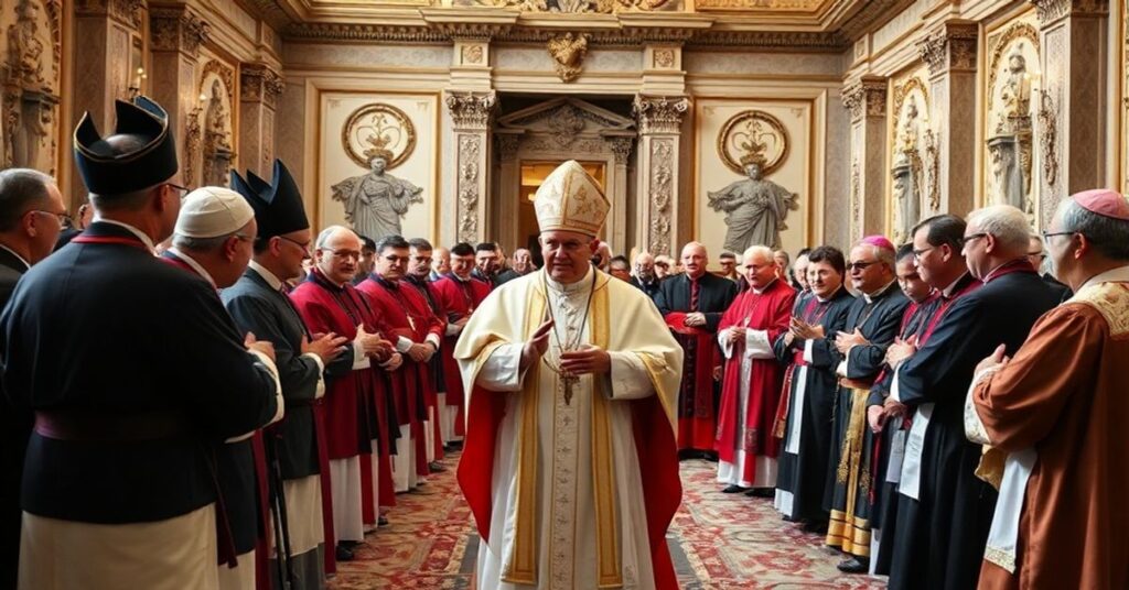 Obraz przedstawiający fałszywego papieża w Watykanie podczas spotkania ekumenicznego z fińską delegacją. W tle widoczna jest tradycyjna katolicka architektura i symbole religijne. Scena podkreśla żałosne zjedyńczenie doktryny katolickiej z herezją.