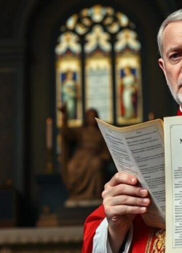 Apostazja w Watykanie: Fałszywa encyklika Leona XIV Ksiądz w pełnym stroju liturgicznym trzymający fałszywą encyklikę 'Magnifica humanitas' Leona XIV wobec ołtarza w tradycyjnym kościele katolickim.
