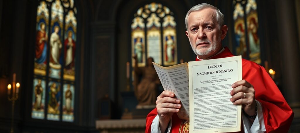 Ksiądz w pełnym stroju liturgicznym trzymający fałszywą encyklikę 'Magnifica humanitas' Leona XIV wobec ołtarza w tradycyjnym kościele katolickim.