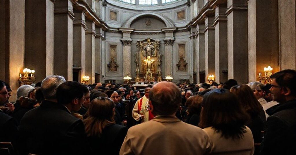 Wnętrze bazyliki św. Piotra z nową "przestrzenią słuchania" dla laików