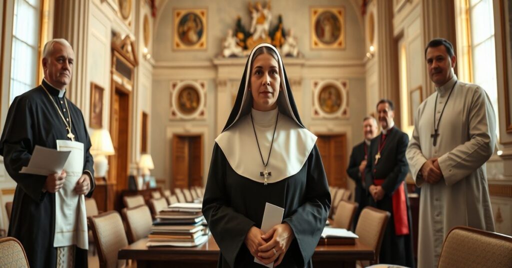 Zdjęcie przedstawiające zakonnicę Ninę Benedyktę Krapić w roli wicedyrektora Dyrekcji Prasowej Stolicy Apostolskiej w Watykanie. Scena podkreśla konflikt pomiędzy tradycją katolicką a nowoczesną apostazją.