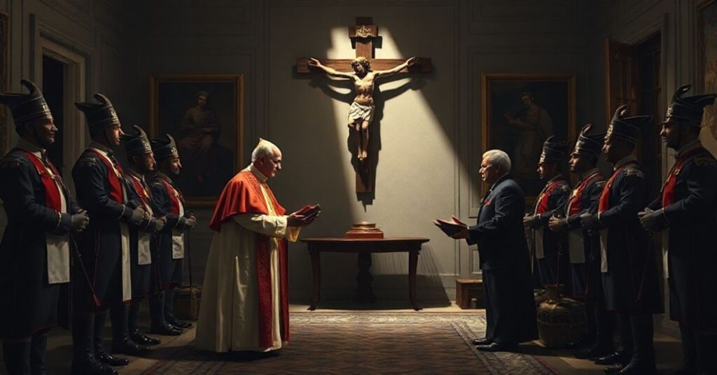 Scena ukazująca apostazję w Watykanie: „papież” Leon XIV negocjuje z prezydentem Szwajcarii w ozdobnym pokoju z gezami dyplomatycznych relacji.