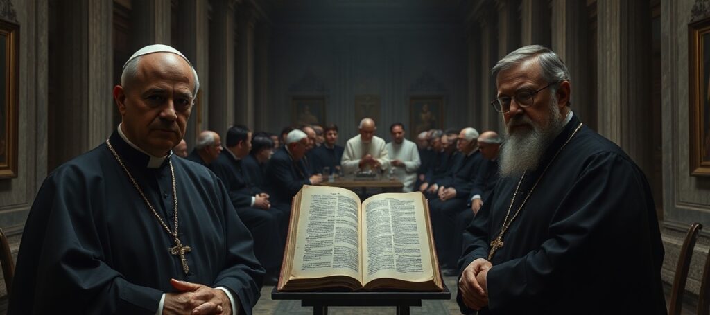 Wizerunek przedstawiający Arcybiskupa Carlosa Gustavo Castillo Mattasoglio i Ks. Maurizio Chiodiego w Watykanie, symbolizujący herezję i apostazję Kościoła.