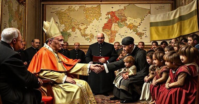 Scena przedstawiająca fałszywego papieża (Leona XIV) w Castel Gandolfo prowadzącego negocjacje polityczne z liderem świeckim, podczas gdy katolickie dzieci ukraińskie są zaniedbane duchowo.