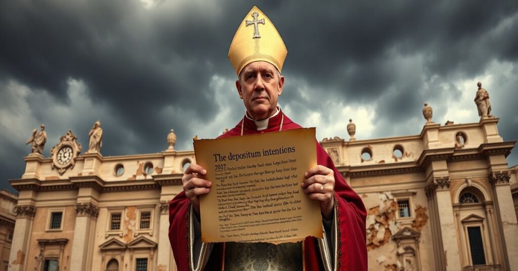 Stary biskup katolicki w tradycyjnych szataach stojący przed runęjącym Watykanem, trzymając zwój z herezyjskimi „intencjami papieskimi” na 2027 rok