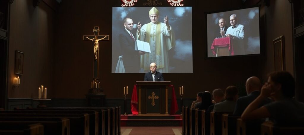 Obraz przedstawiający tradycyjną katolicką kaplicę z krzyżem i świecami, symbolizującą brak prawdziwej władzy papieskiej. Na tle widoczny jest 'kardynał' José Tolentino de Mendonça mówiący na konferencji o sztucznej inteligencji.