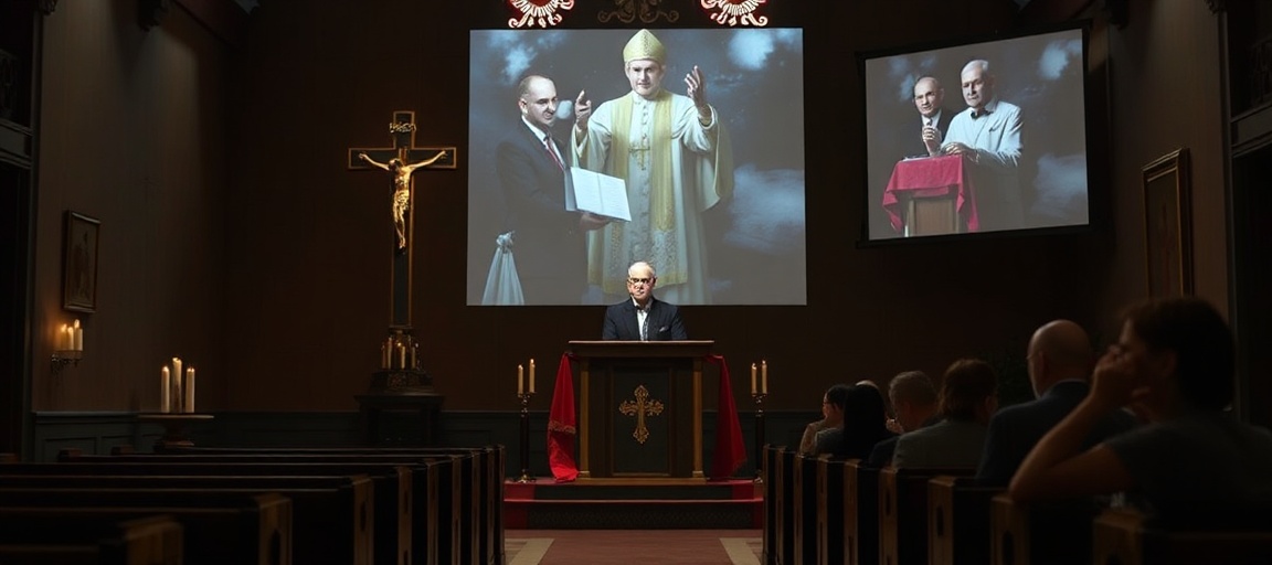 Obraz przedstawiający tradycyjną katolicką kaplicę z krzyżem i świecami, symbolizującą brak prawdziwej władzy papieskiej. Na tle widoczny jest 'kardynał' José Tolentino de Mendonça mówiący na konferencji o sztucznej inteligencji.