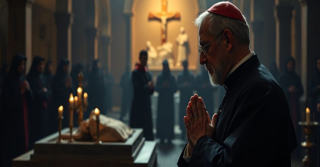 Obraz przedstawiający tradycyjnego katolickiego kapłana w modlitwie przed relikwiami św. Franciszka w Asyżu, symbolizujący apostazję modernistycznego Watykanu.