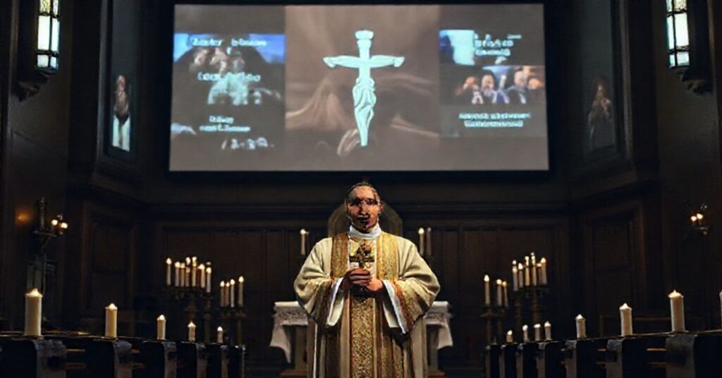 Tradycyjny wnętrze kościoła z ołtarzem i księdzem trzymającym krzyż w tle pokazuje fragmenty filmów jako symbolizacja apostazji nowoczesnego Watykanu