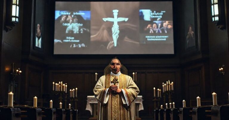 Tradycyjny wnętrze kościoła z ołtarzem i księdzem trzymającym krzyż w tle pokazuje fragmenty filmów jako symbolizacja apostazji nowoczesnego Watykanu