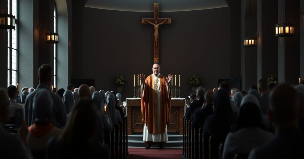 Zdjęcie przedstawiające schizmę w Kościele: biskup Maciej Małyga prowadzący nieprawidłową celebrację Novus Ordo w heretyckim kościele NMP na Piasku podczas II Dnia Świętości Życia we Wrocławiu. Scena symbolizuje pustkę duchową i brak prawdziwej łaski.