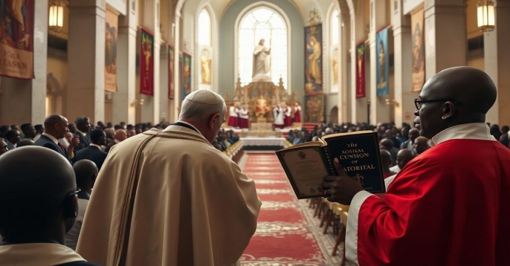 Zmęczony tradycyjny katolicki ksiądz trzyma mszał sprzed 1958 roku w tle nowoczesnej bazyliki podczas tzw. 'mszy' Leona XIV w Gwinei Równikowej.